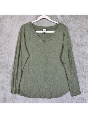 CAbi T-Shirt Womens L Green V Neck Long Sleeve Tunic Top Back Drawstring